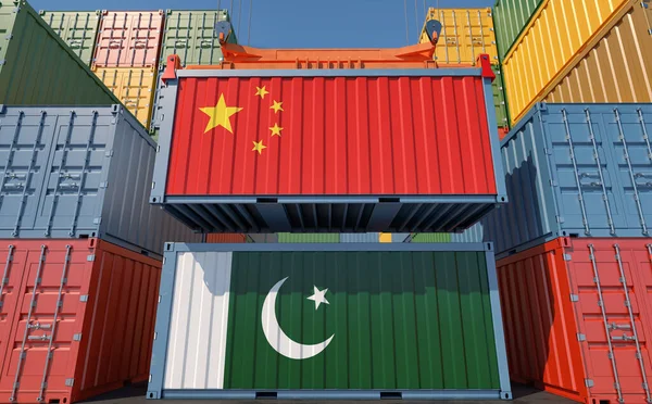 中国とパキスタンの国旗の貨物コンテナ 3Dレンダリング — ストック写真