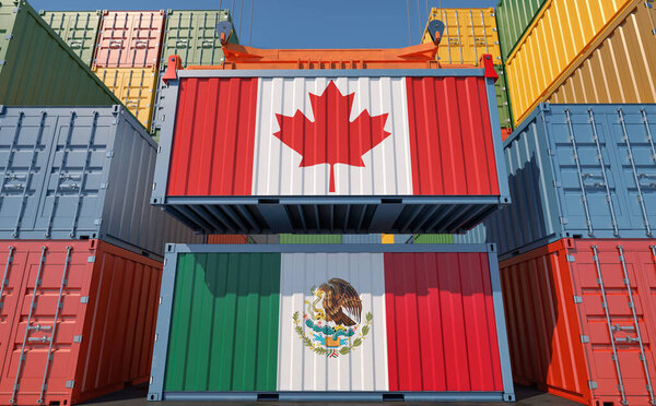 Freight containers with Canada and Mexico national flags. 3D Rendering 