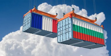 Fransa ve Bulgaristan 'ın ulusal bayraklı nakliye konteynerleri. 3B Hazırlama 