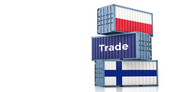 Freight containers with Poland and Finland national flags. 3D Rendering 