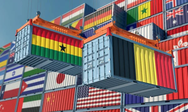 Godsbehållare Med Belgiens Och Ghanas Nationella Flaggor Återgivning — Stockfoto