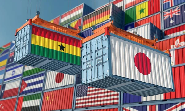 Godsbehållare Med Japan Och Ghanas Nationella Flaggor Återgivning — Stockfoto