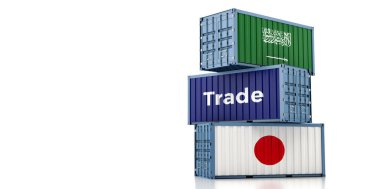 Suudi Arabistan ve Japonya bayraklı nakliye konteynerleri. 3B Hazırlama 