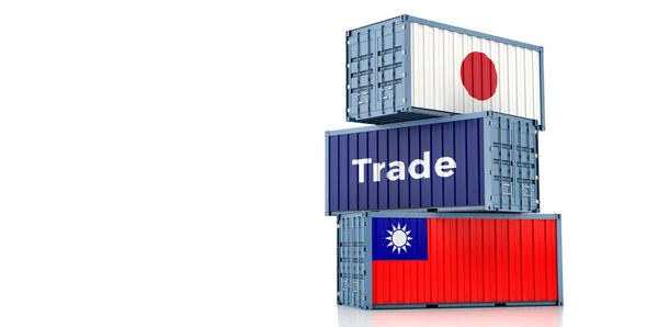 装有台湾和日本国旗的货运集装箱 3D渲染 — 图库照片