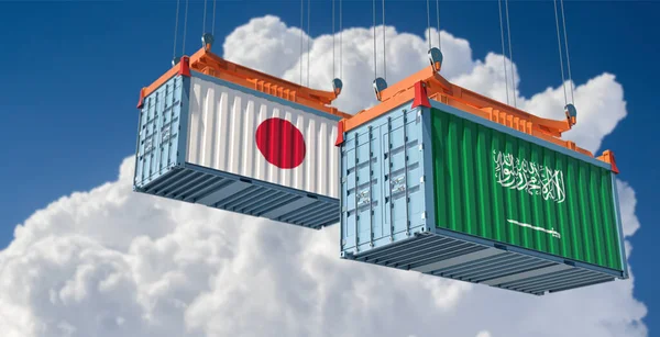 Vrachtcontainers Met Saoedi Arabië Japan Nationale Vlaggen Weergave — Stockfoto