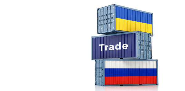 Freight containers with Russia and Ukraine national flags. 3D Rendering 