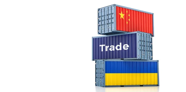 Frachtcontainer Mit Den Nationalflaggen Chinas Und Der Ukraine Rendering — Stockfoto