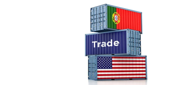 Frachtcontainer Mit Nationalflaggen Der Usa Und Portugals Rendering — Stockfoto