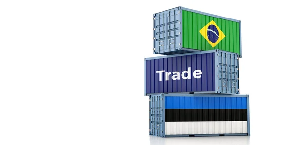 ブラジルとエストニアの国旗付きの貨物コンテナ 3Dレンダリング — ストック写真