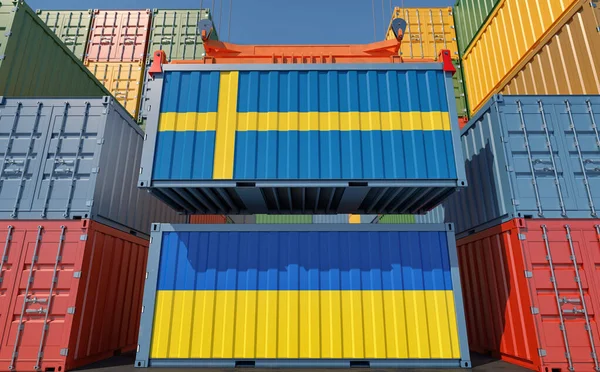 Cargo Containers Sweden Ukraine National Flags Rendering — Stock Photo, Image