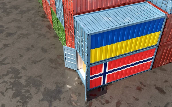 Pojemniki Ładunkowe Banderami Narodowymi Norwegii Ukrainy Renderowanie — Zdjęcie stockowe