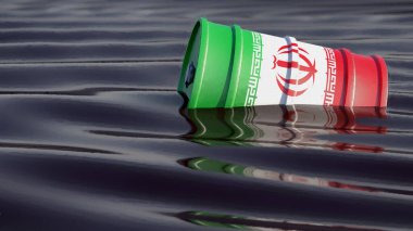 Siyah petrol okyanusunda yüzen İran ulusal bayrağıyla petrol varili. 3B Hazırlama
