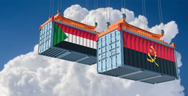 Sudan ve Angola ulusal bayraklı kargo konteynerleri. 3B Hazırlama