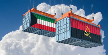 Kuveyt ve Angola ulusal bayraklı kargo konteynerleri. 3B Hazırlama