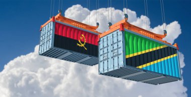 Tanzanya ve Angola ulusal bayraklı kargo konteynerleri. 3B Hazırlama