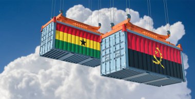 Gana ve Angola ulusal bayraklı kargo konteynerleri. 3B Hazırlama