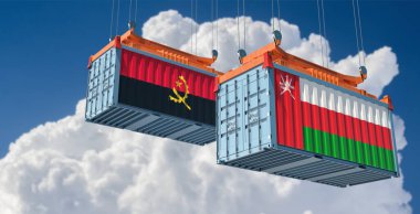 Umman ve Angola ulusal bayraklı kargo konteynerleri. 3B Hazırlama