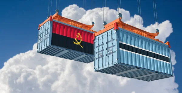 ボツワナ国旗とアンゴラ国旗の貨物コンテナ 3Dレンダリング — ストック写真