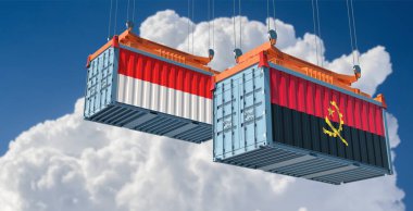 Endonezya ve Angola ulusal bayraklı kargo konteynerleri. 3B Hazırlama