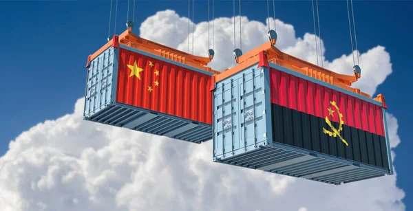 Frachtcontainer Mit Den Nationalflaggen Chinas Und Angolas Rendering — Stockfoto