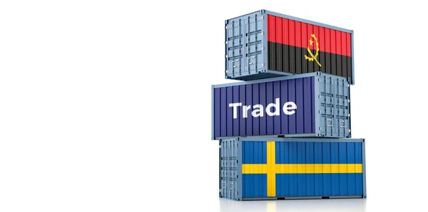 Вантажні Контейнери Шведськими Ангольськими Національними Прапорами Рендерінг — стокове фото