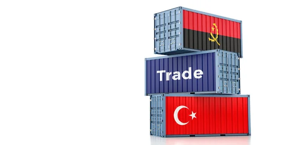 悬挂土耳其和安哥拉国旗的货物集装箱 3D渲染 — 图库照片