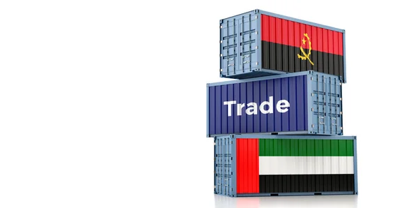 Frachtcontainer Mit Nationalflaggen Der Vereinigten Arabischen Emirate Und Angola Rendering — Stockfoto