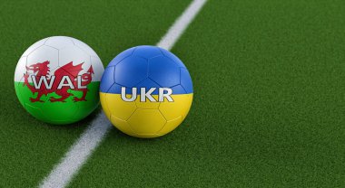 Galler - Ukrayna Futbol Maçı - Galler 'de futbol topları ve Ukarine ulusal renkleri. 3B Hazırlama 