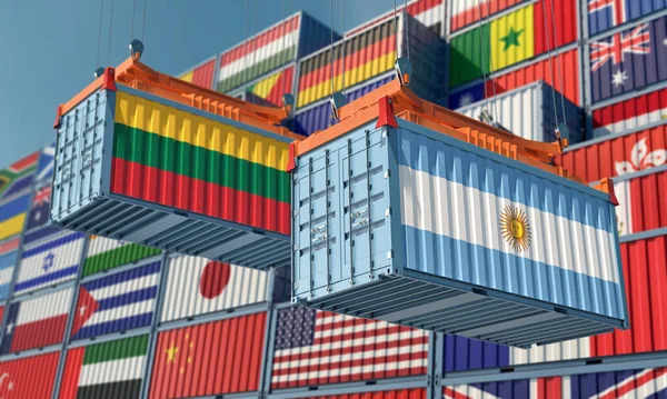 Frachtcontainer Mit Argentinischer Und Litauischer Nationalflagge Rendering — Stockfoto