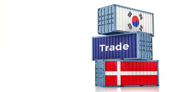 Güney Kore ve Danimarka bayraklı kargo konteynerleri. 3B Hazırlama