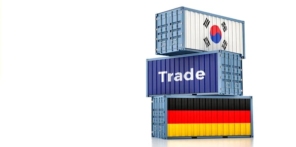 悬挂韩国和德国国旗的货物集装箱 3D渲染 — 图库照片