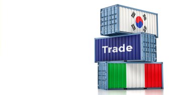 Güney Kore ve İtalya ulusal bayraklı kargo konteynerleri. 3B Hazırlama