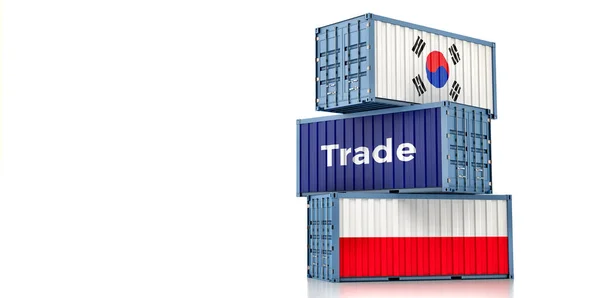 悬挂韩国和波兰国旗的货物集装箱 3D渲染 — 图库照片