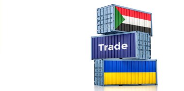 Ukrayna ve Sudan ulusal bayraklı kargo konteynerleri. 3B Hazırlama