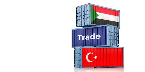 Frachtcontainer Mit Türkischen Und Sudanesischen Nationalflaggen Rendering — Stockfoto