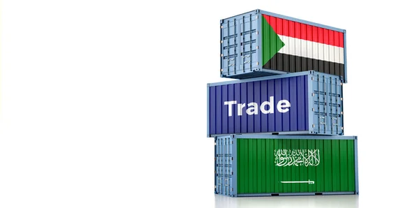 悬挂沙特阿拉伯和苏丹国旗的货物集装箱 3D渲染 — 图库照片