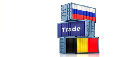 Belçika ve Rusya ulusal bayraklı kargo konteynerleri. 3B Hazırlama