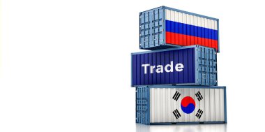 Güney Kore ve Rusya ulusal bayraklı kargo konteynerleri. 3B Hazırlama