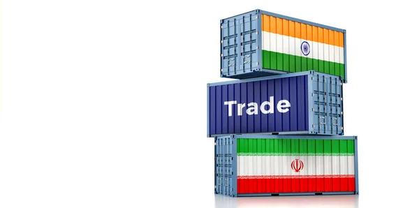 イランとインドの国旗が入った貨物コンテナ 3Dレンダリング — ストック写真