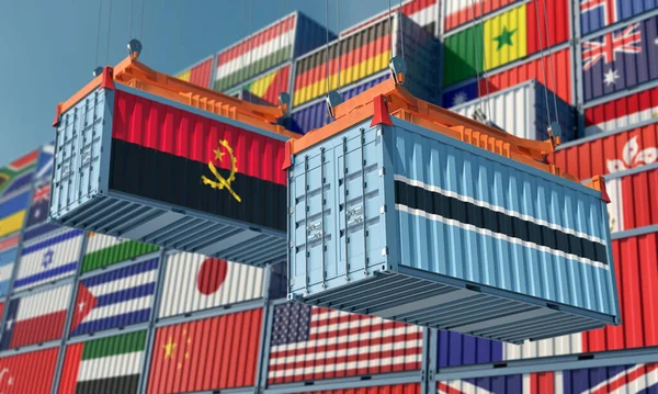 Cargo Containers Angola Botswana National Flags Rendering — Foto Stock