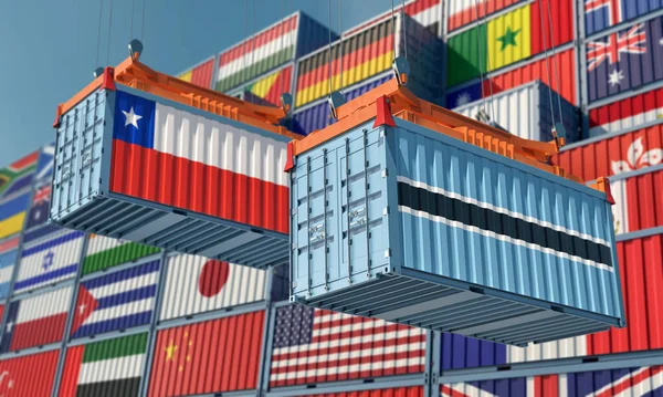 Frachtcontainer Mit Den Nationalflaggen Chiles Und Botsuanas Rendering — Stockfoto
