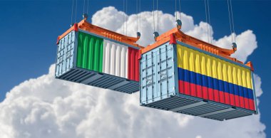 Cargo containers with Italy and Colombia national flags. 3D Rendering