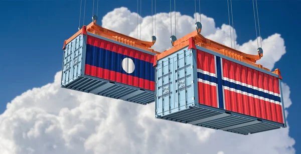 Norvégiai Laoszi Nemzeti Zászlókkal Ellátott Konténerek Renderelés — Stock Fotó