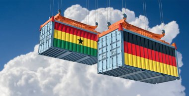 Cargo containers with German and Ghana national flags. 3D Rendering