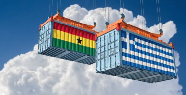 Cargo containers with Greece and Ghana national flags. 3D Rendering