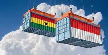 Cargo containers with Indonesia and Ghana national flags. 3D Rendering