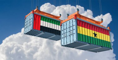 Cargo containers with United Arab Emirates and Ghana national flags. 3D Rendering