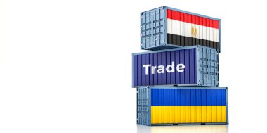 Ukrayna ve Mısır ulusal bayraklı kargo konteynerleri. 3B Hazırlama