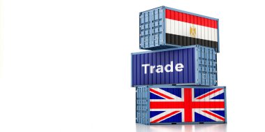 Birleşik Krallık ve Mısır ulusal bayraklı kargo konteynerleri. 3B Hazırlama