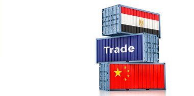  Çin ve Mısır ulusal bayraklı kargo konteynerleri. 3B Hazırlama